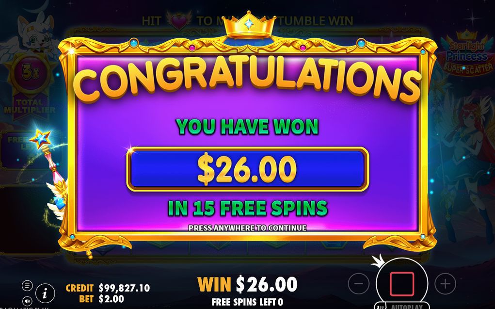 Win screen from a round with Super Scatter